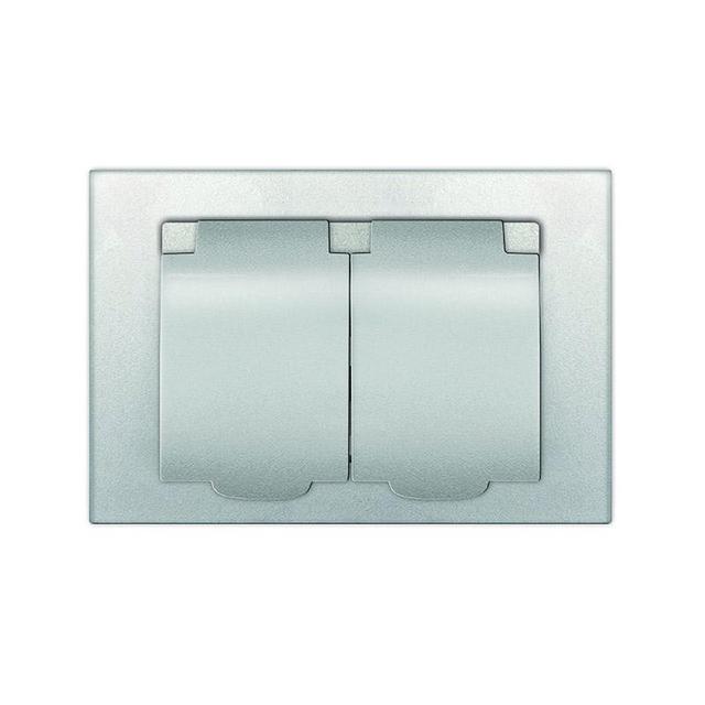 Розетка 2-м СП Афина 16А IP20 с заземл. c крышкой в сборе серебр. Universal A0031-S